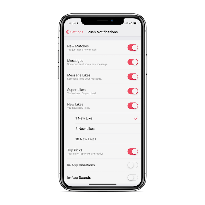 Tinder Notifications iOS 13 - Toggles Red