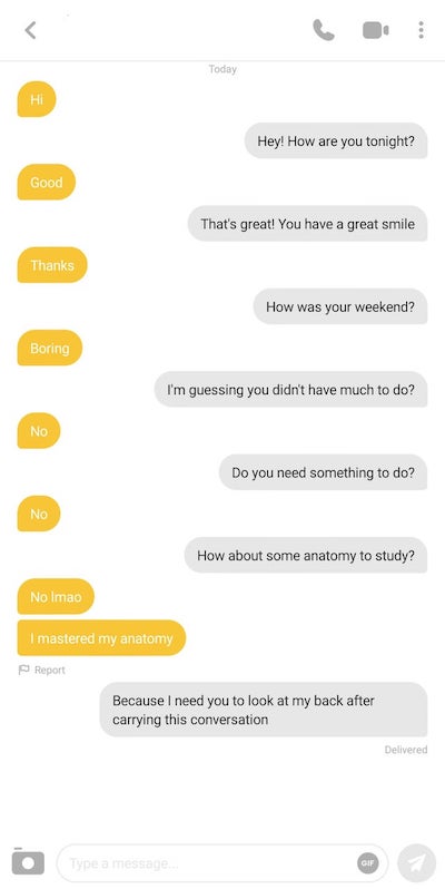 Funny Tinder Conversations - Get this man a new spine!