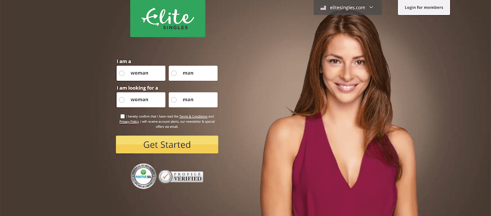 Elite Singles Sign up introduction woman smiling logo